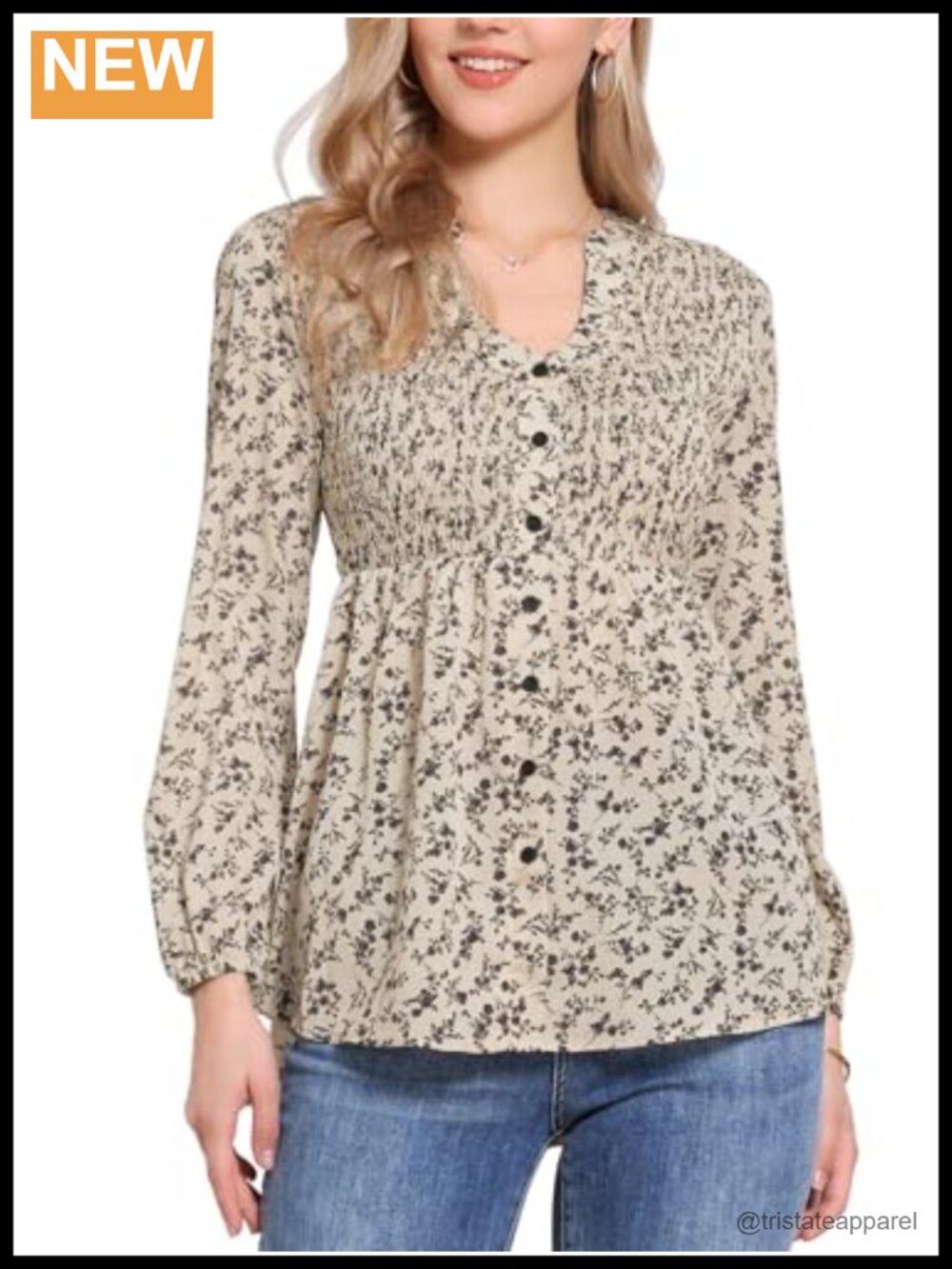 Floral V Neck Smocked Tunic Top Long Sleeve Blouse